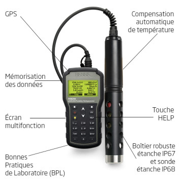 Sonde multiparamètre HI98294 avec GPS – pH, EC, OD, turbidité, °C